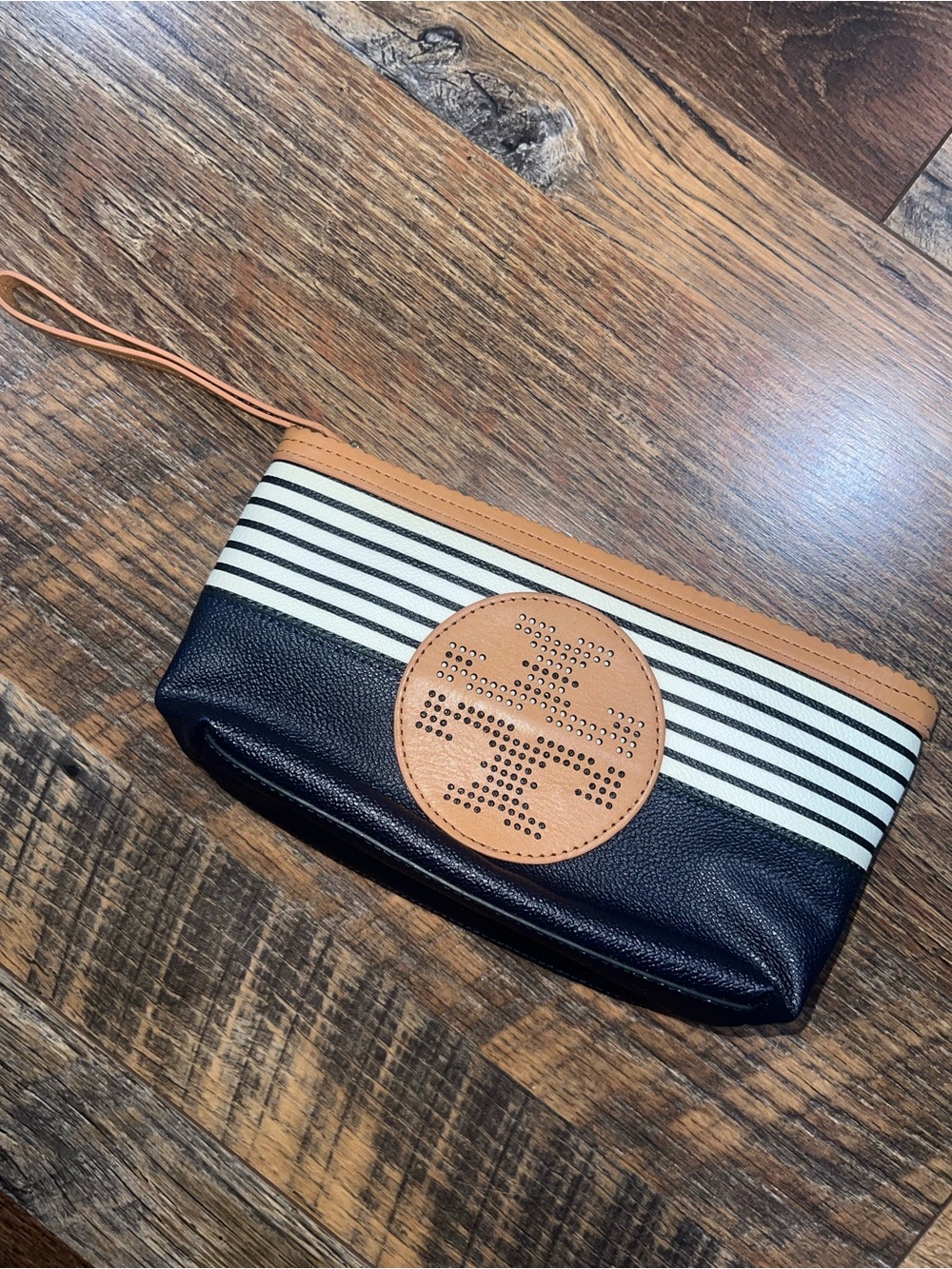 Tory Burch Striped Wristlet Clutch with Perforated Logo Patch